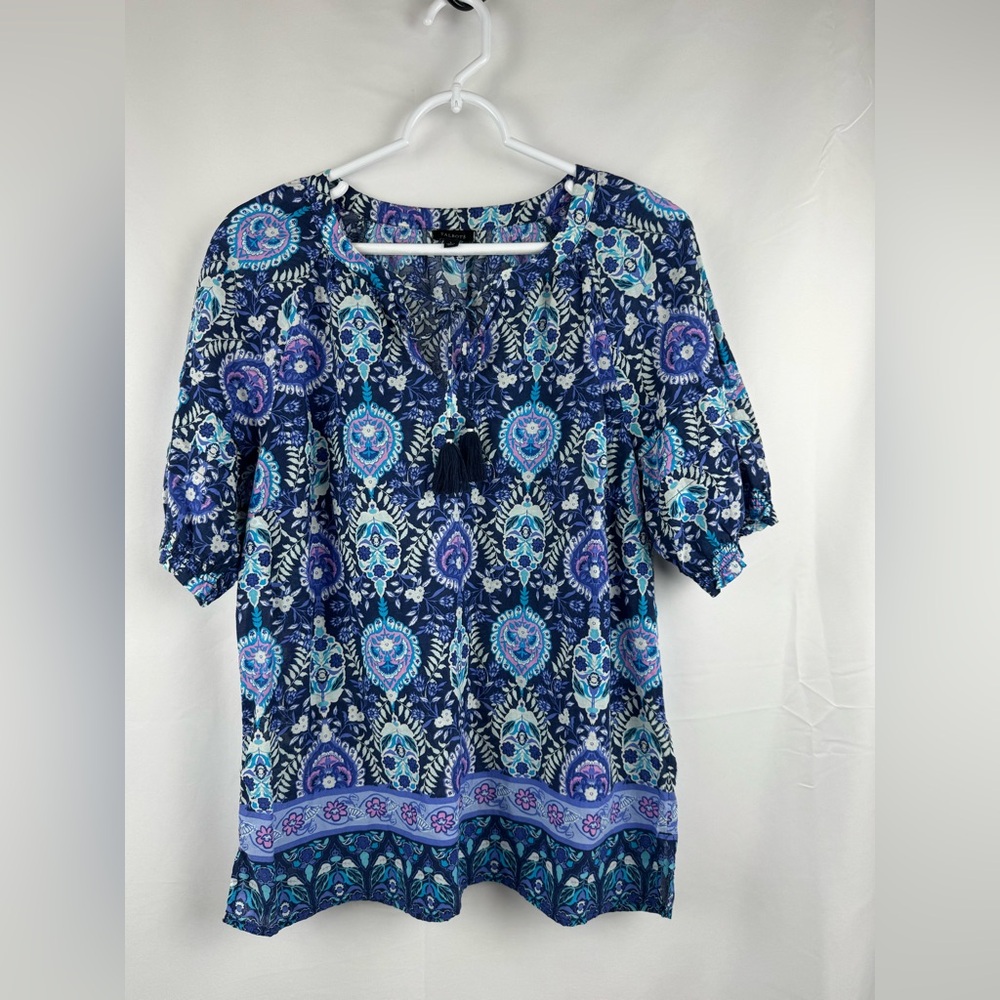 Talbots Pleated Sleeve Pullover Shirt Blue Purple Floral Medallion Size S Boho
